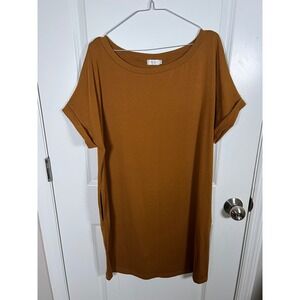 Locryz Womens T-Shirt Dress Short Sleeve Pockets Cognac Brown Size Large
